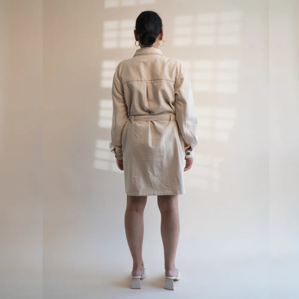 Classic Ivory Denim Dress | Detailed in Kantha | Stylish Formal Look