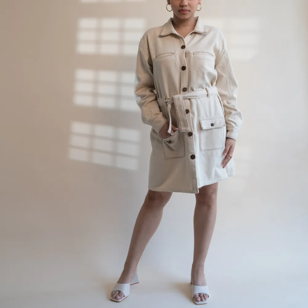 Classic Ivory Denim Dress | Detailed in Kantha | Stylish Formal Look