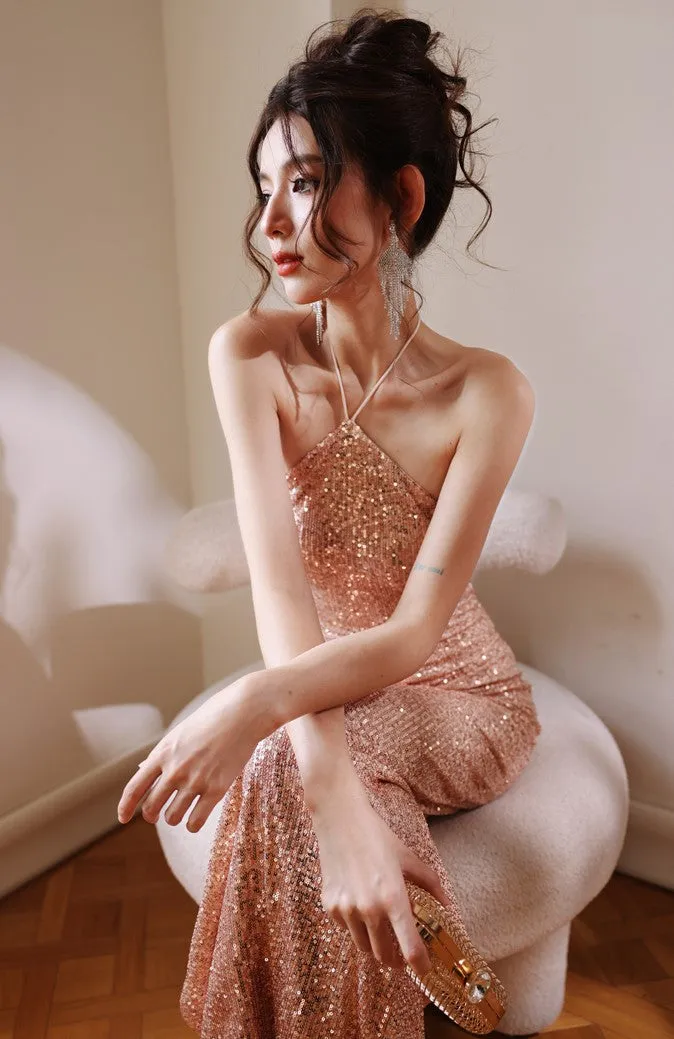 DOLLY ELEGANT Glitter Sleeveless Halter Neck Slim Fit Long Cocktail Dress-MERCY (V)