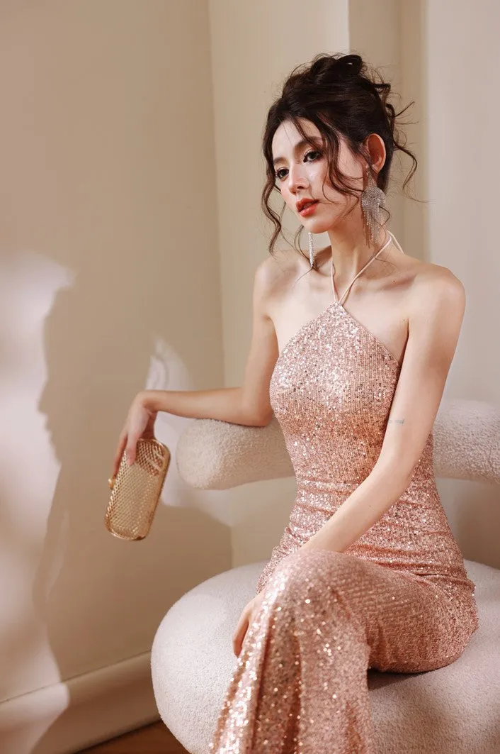 DOLLY ELEGANT Glitter Sleeveless Halter Neck Slim Fit Long Cocktail Dress-MERCY (V)