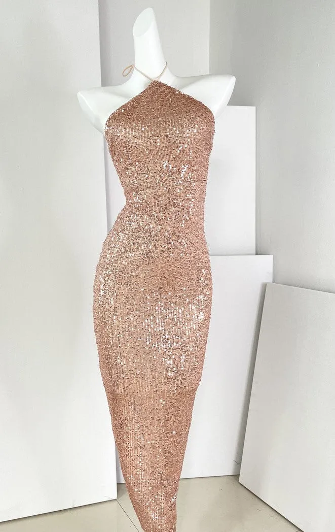 DOLLY ELEGANT Glitter Sleeveless Halter Neck Slim Fit Long Cocktail Dress-MERCY (V)