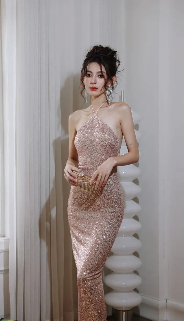 DOLLY ELEGANT Glitter Sleeveless Halter Neck Slim Fit Long Cocktail Dress-MERCY (V)