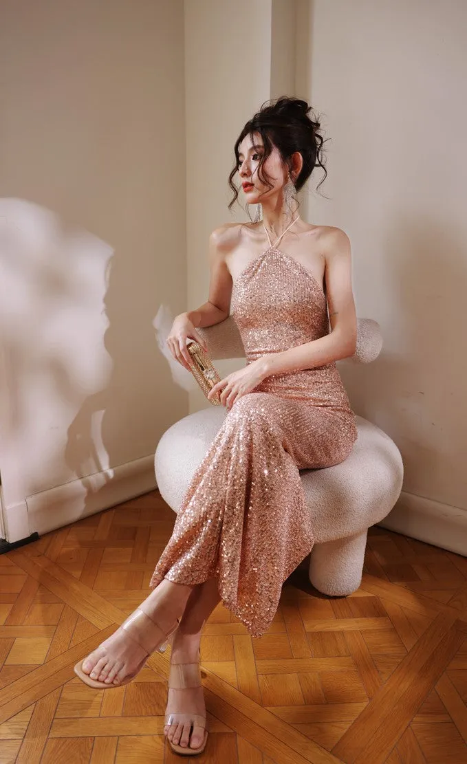 DOLLY ELEGANT Glitter Sleeveless Halter Neck Slim Fit Long Cocktail Dress-MERCY (V)