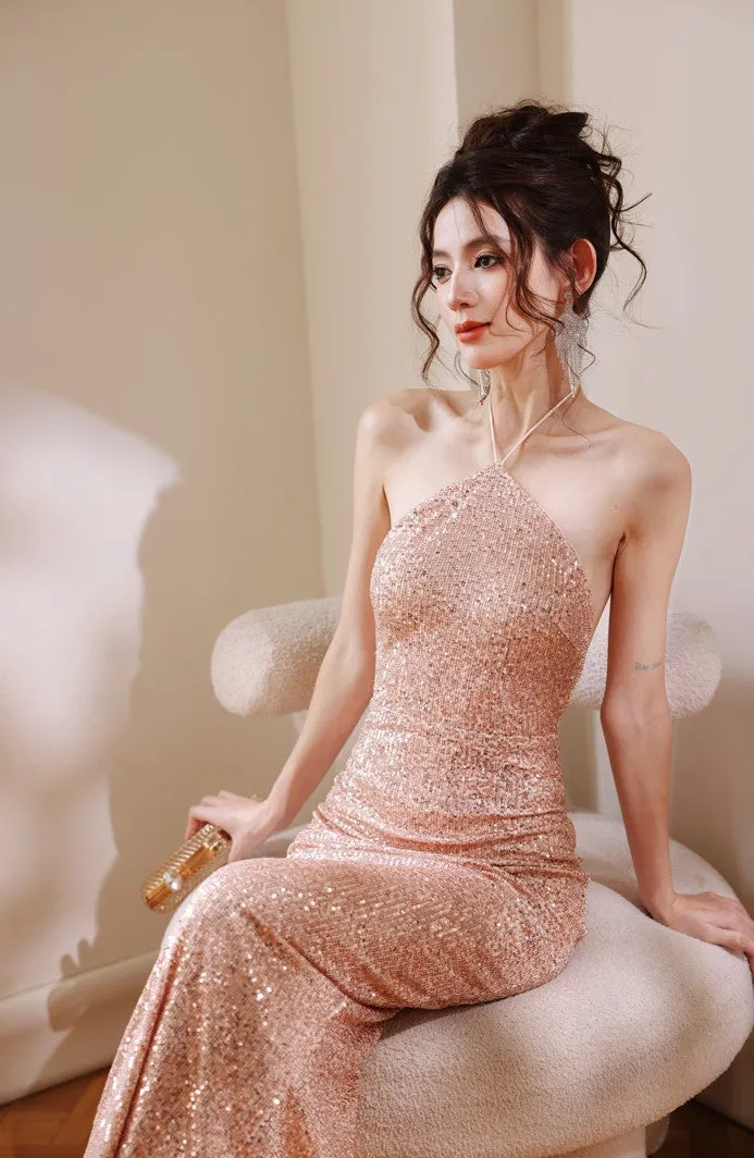 DOLLY ELEGANT Glitter Sleeveless Halter Neck Slim Fit Long Cocktail Dress-MERCY (V)