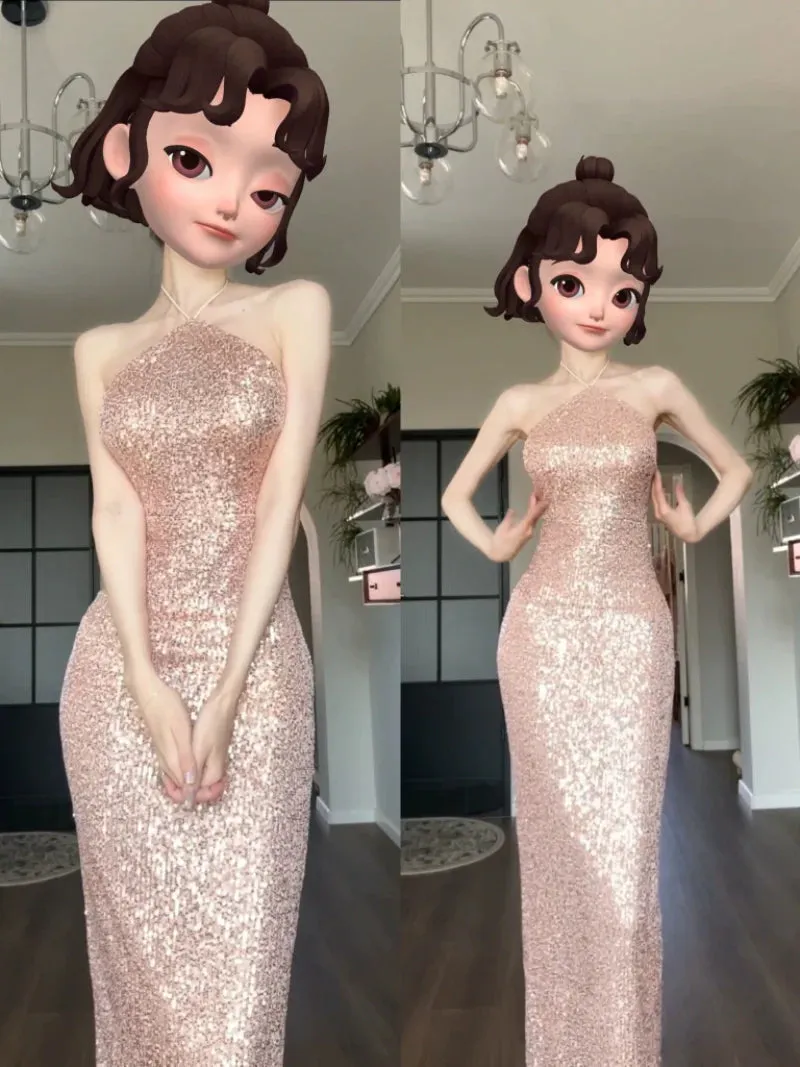 DOLLY ELEGANT Glitter Sleeveless Halter Neck Slim Fit Long Cocktail Dress-MERCY (V)
