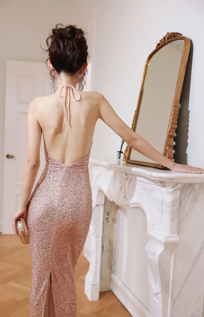 DOLLY ELEGANT Glitter Sleeveless Halter Neck Slim Fit Long Cocktail Dress-MERCY (V)