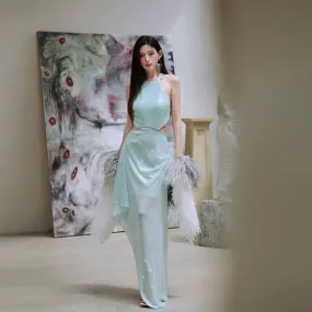 DOLLY Elegant Mint Sleeveless Slim Fit Halter Hollow Long Party Dress-Mint