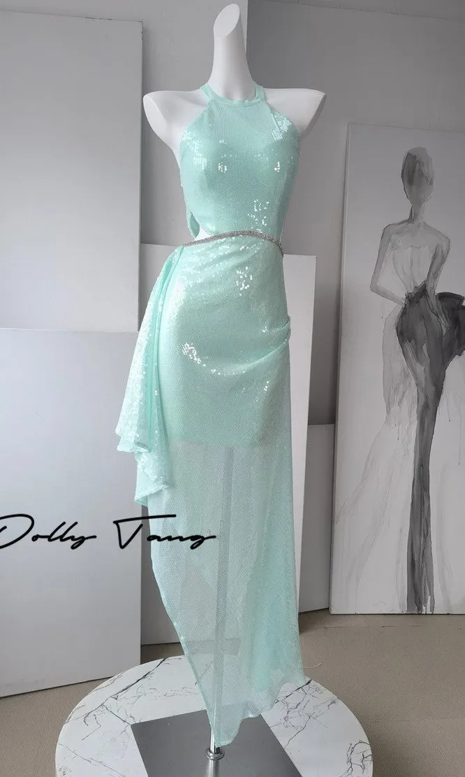 DOLLY Elegant Mint Sleeveless Slim Fit Halter Hollow Long Party Dress-Mint