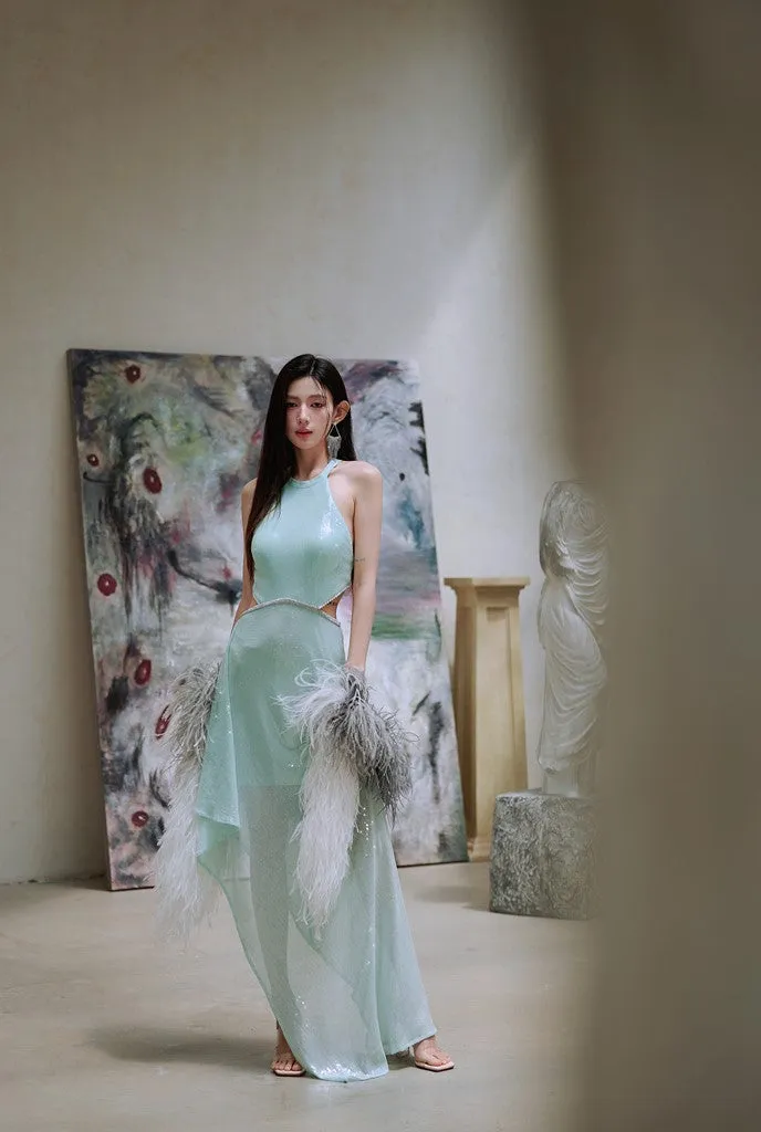 DOLLY Elegant Mint Sleeveless Slim Fit Halter Hollow Long Party Dress-Mint