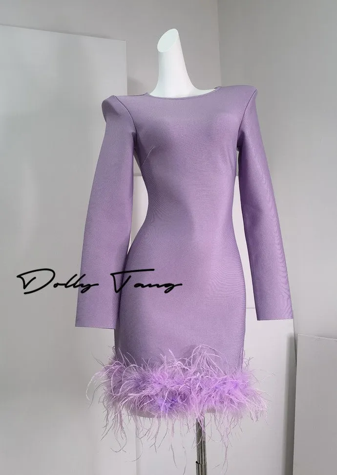 DOLLY Elegant Purple Fluffy Feather Long-Sleeve Dinner Dress-LEEN