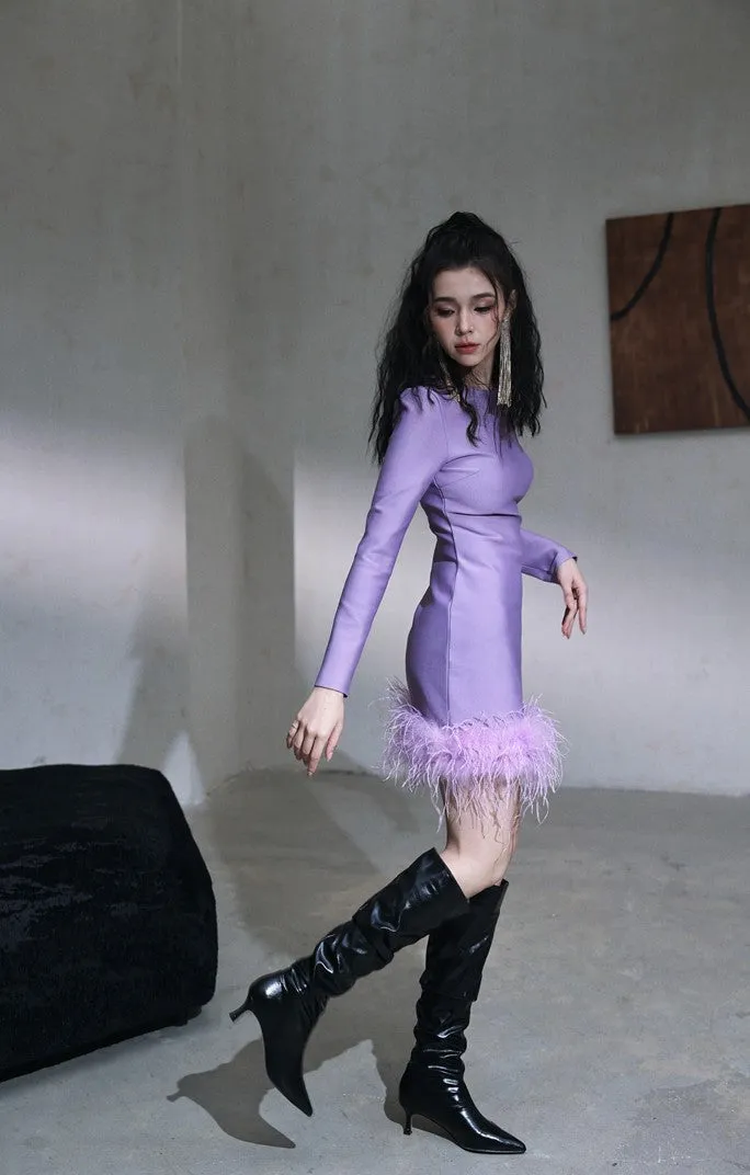 DOLLY Elegant Purple Fluffy Feather Long-Sleeve Dinner Dress-LEEN