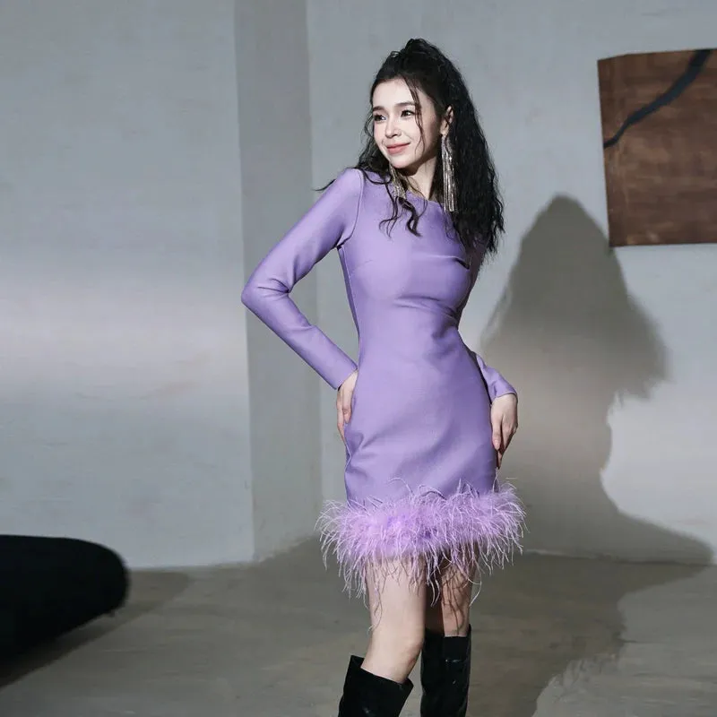 DOLLY Elegant Purple Fluffy Feather Long-Sleeve Dinner Dress-LEEN