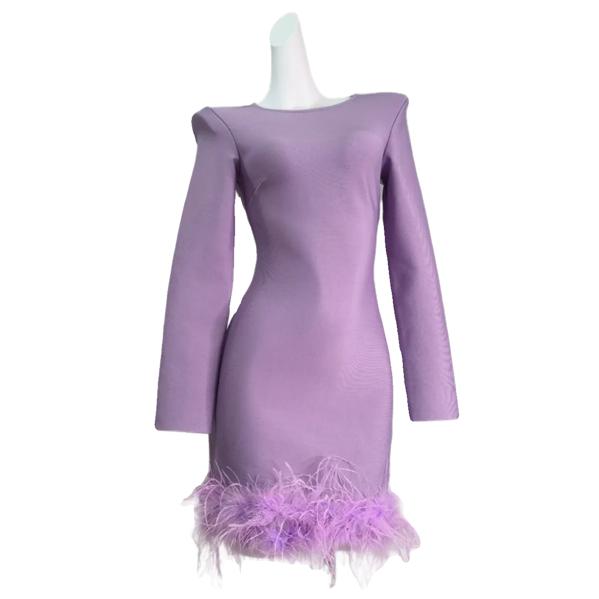 DOLLY Elegant Purple Fluffy Feather Long-Sleeve Dinner Dress-LEEN
