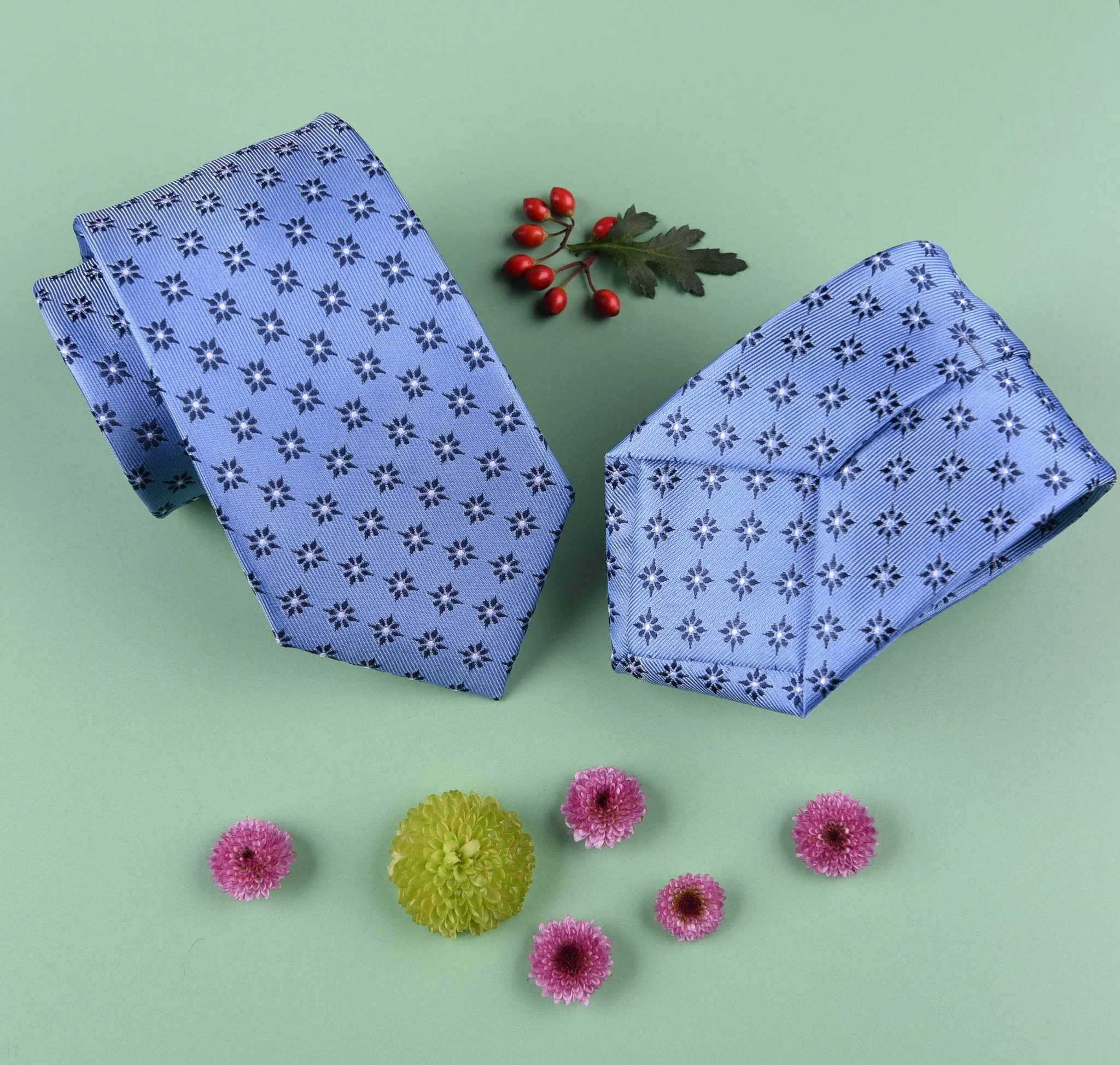 Light Blue Sparkling Radiant Floral Luxury Designer Patterned Tie 3"